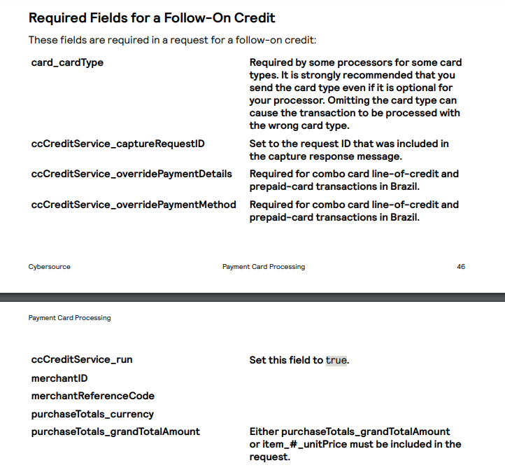 foolow on credit - Cybersource Developer Community
