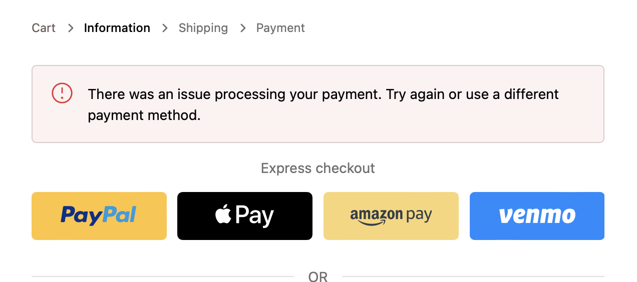 Your payment details could not be verified. Check your card details and try  again error - Shopify Community